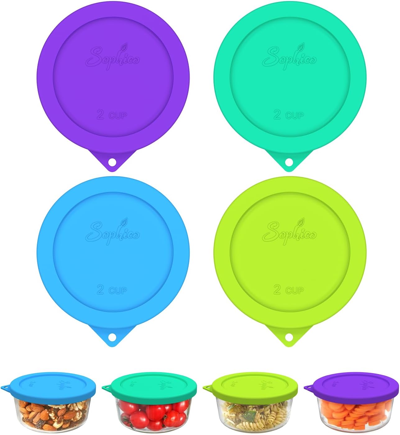 Sophico 2 Cup Round Silicone Storage Cover Lids Replacement for Anchor Hocking and Pyrex 7200-PC Glass Bowls (Container not Included) | Mix | 4 Pack