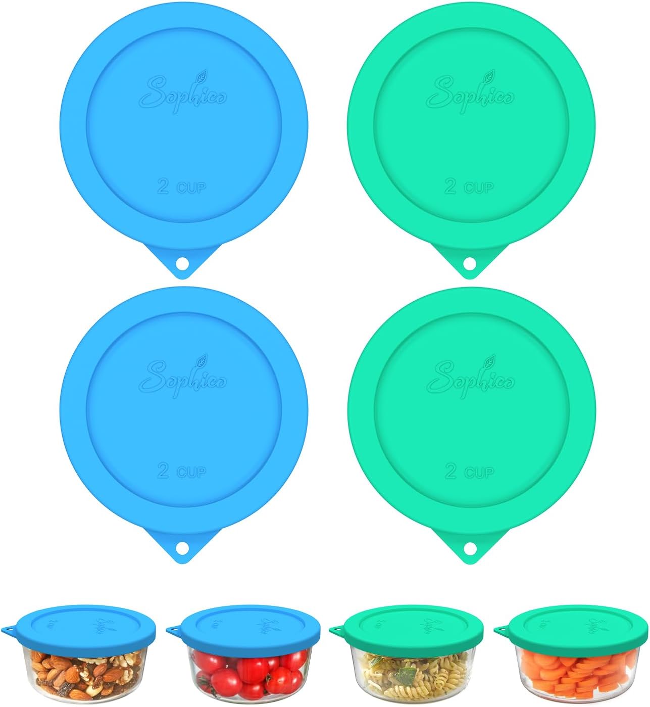 Sophico 2 Cup Round Silicone Storage Cover Lids Replacement for Anchor Hocking and Pyrex 7200-PC Glass Bowls (Container not Included) | Mix | 4 Pack