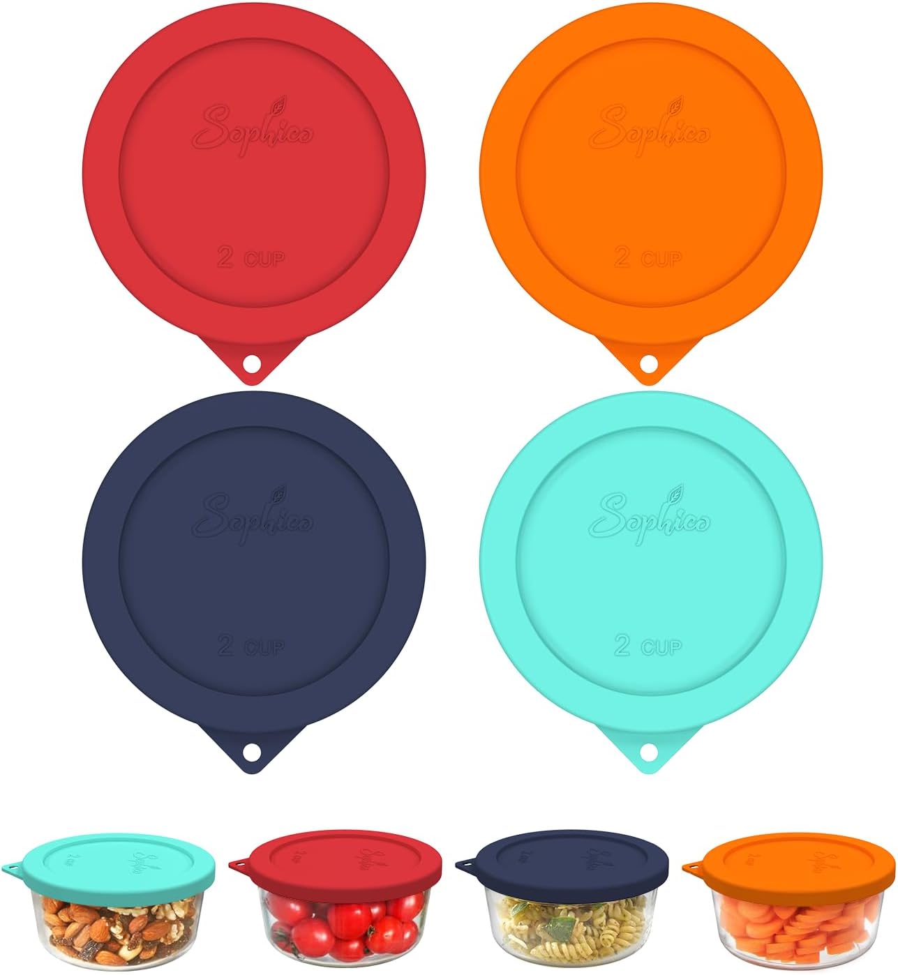 Sophico 2 Cup Round Silicone Storage Cover Lids Replacement for Anchor Hocking and Pyrex 7200-PC Glass Bowls (Container not Included) | Mix | 4 Pack