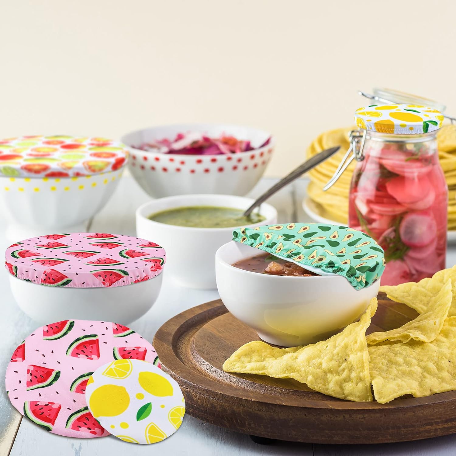 Patelai 10 Pcs Bowl Covers Reusable in 5 Size Stretch Cloth Fabric Elastic Food Storage Bowl Covers Bread Sourdough Lids for Proofing Food Fruits Leftover (Bright.Summer Style)