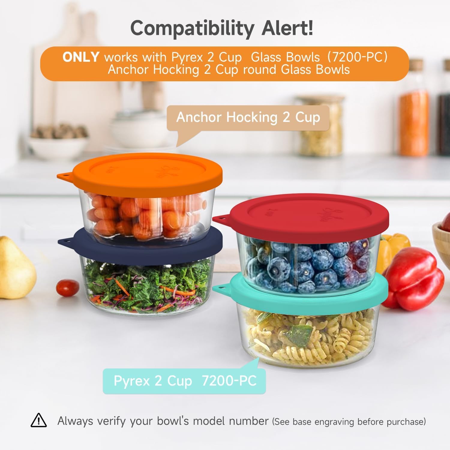 Sophico 2 Cup Round Silicone Storage Cover Lids Replacement for Anchor Hocking and Pyrex 7200-PC Glass Bowls (Container not Included) | Mix | 4 Pack