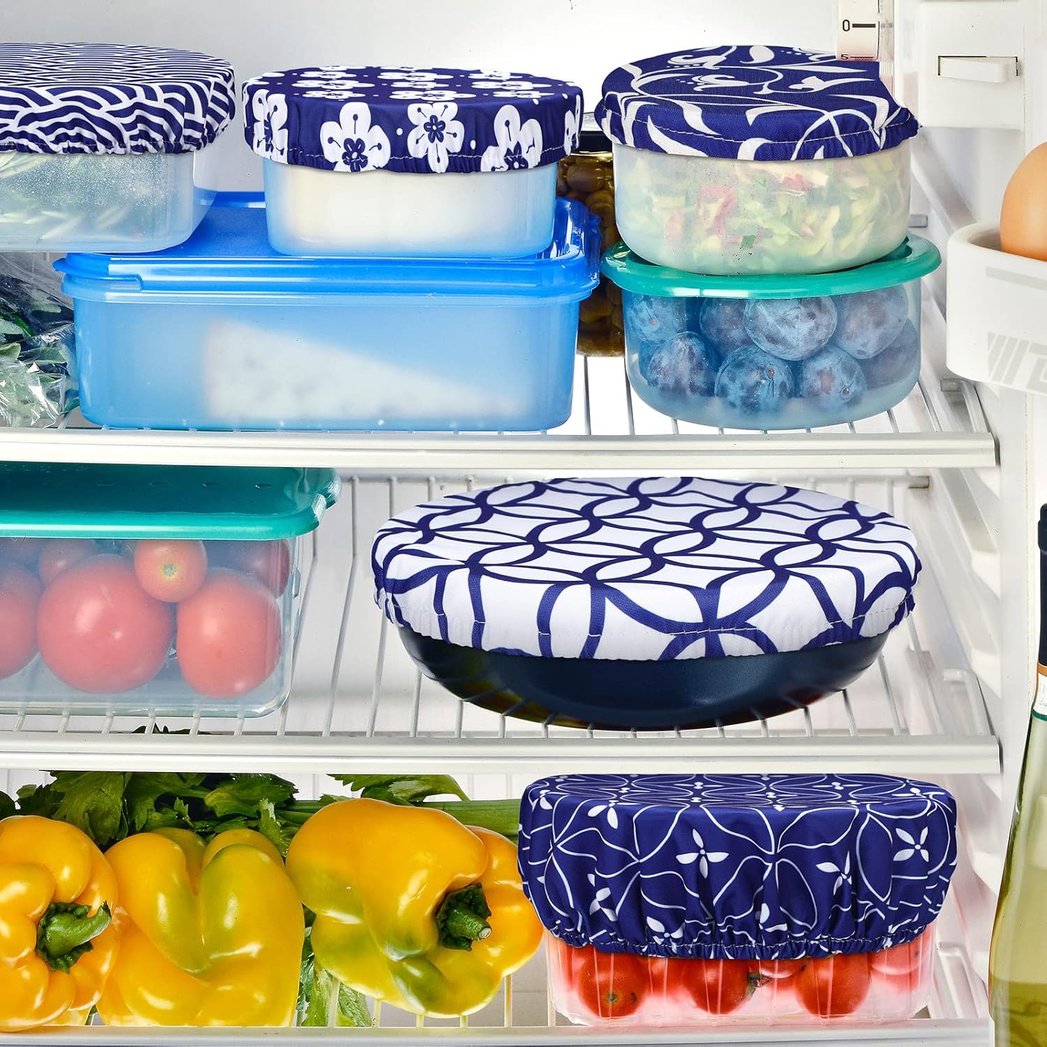 Patelai 10 Pcs Bowl Covers Reusable in 5 Size Stretch Cloth Fabric Elastic Food Storage Bowl Covers Bread Sourdough Lids for Proofing Food Fruits Leftover(Blue White.Stylish Style)