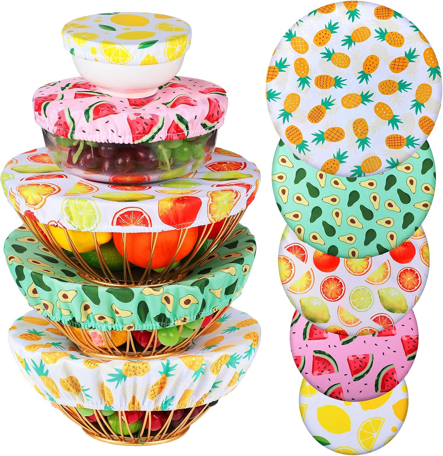 Patelai 10 Pcs Bowl Covers Reusable in 5 Size Stretch Cloth Fabric Elastic Food Storage Bowl Covers Bread Sourdough Lids for Proofing Food Fruits Leftover (Bright.Summer Style)