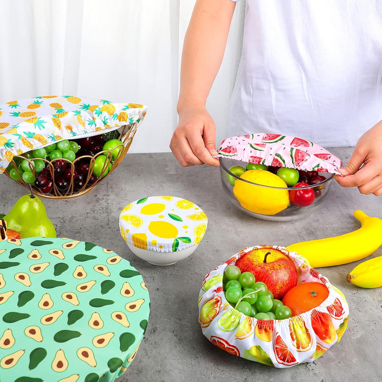 Patelai 10 Pcs Bowl Covers Reusable in 5 Size Stretch Cloth Fabric Elastic Food Storage Bowl Covers Bread Sourdough Lids for Proofing Food Fruits Leftover (Bright.Summer Style)