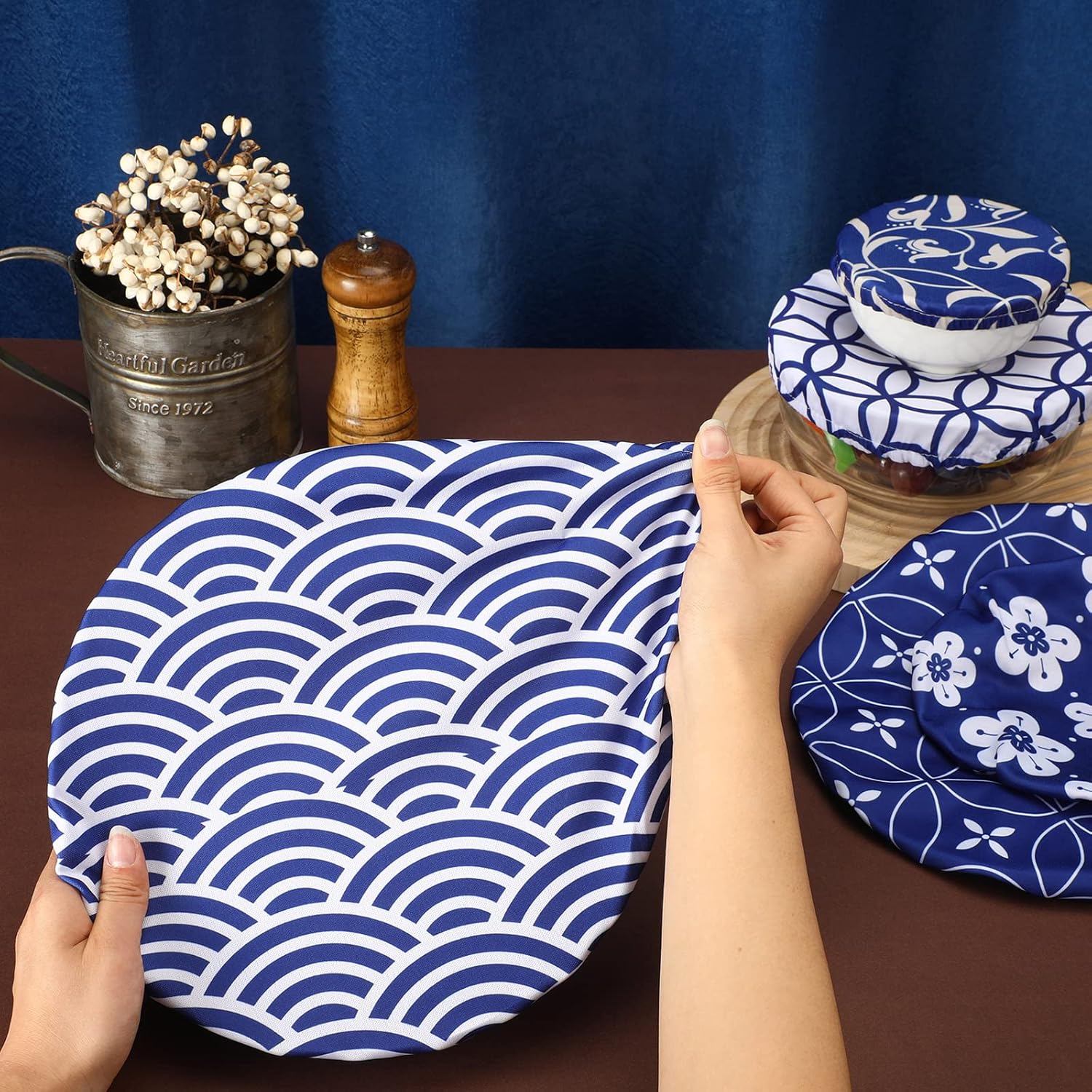 Patelai 10 Pcs Bowl Covers Reusable in 5 Size Stretch Cloth Fabric Elastic Food Storage Bowl Covers Bread Sourdough Lids for Proofing Food Fruits Leftover(Blue White.Stylish Style)