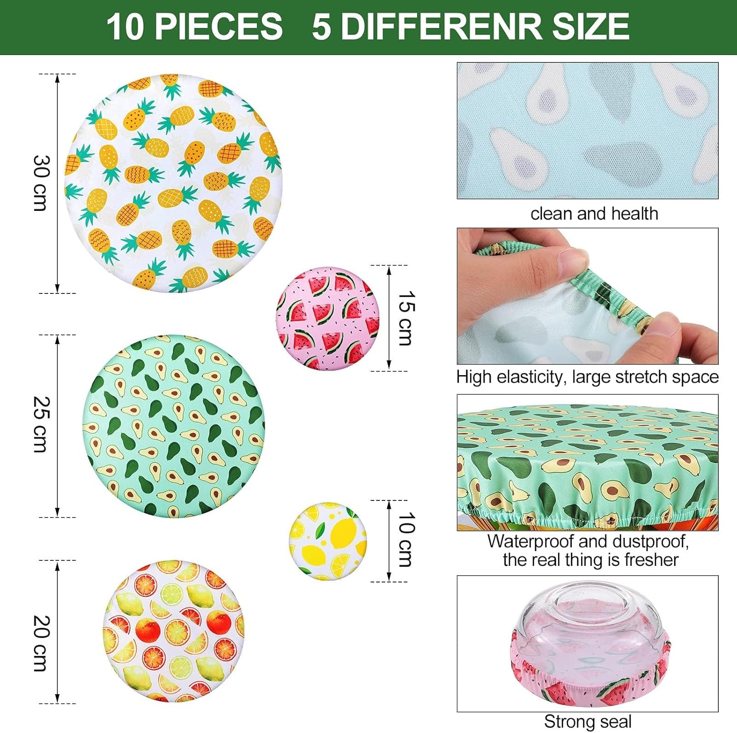 Patelai 10 Pcs Bowl Covers Reusable in 5 Size Stretch Cloth Fabric Elastic Food Storage Bowl Covers Bread Sourdough Lids for Proofing Food Fruits Leftover (Bright.Summer Style)