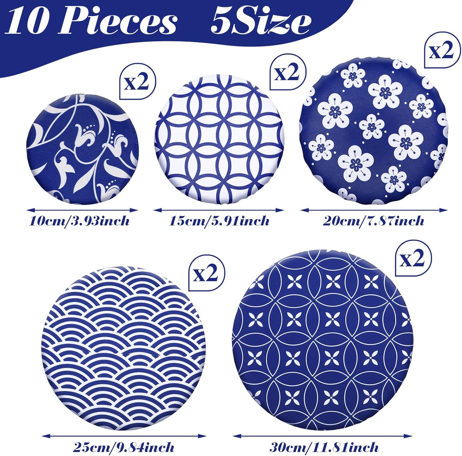 Patelai 10 Pcs Bowl Covers Reusable in 5 Size Stretch Cloth Fabric Elastic Food Storage Bowl Covers Bread Sourdough Lids for Proofing Food Fruits Leftover(Blue White.Stylish Style)